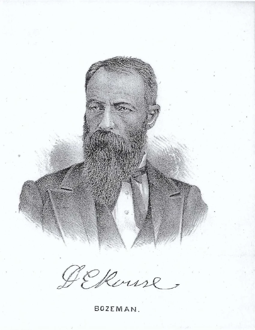 Historical illustrated portrait of Daniel E. Rouse, with his signature and the word Bozeman